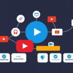 YouTube automation का concept जिसमें वीडियो बनाने के tools और faceless content workflow दिखाया गया है