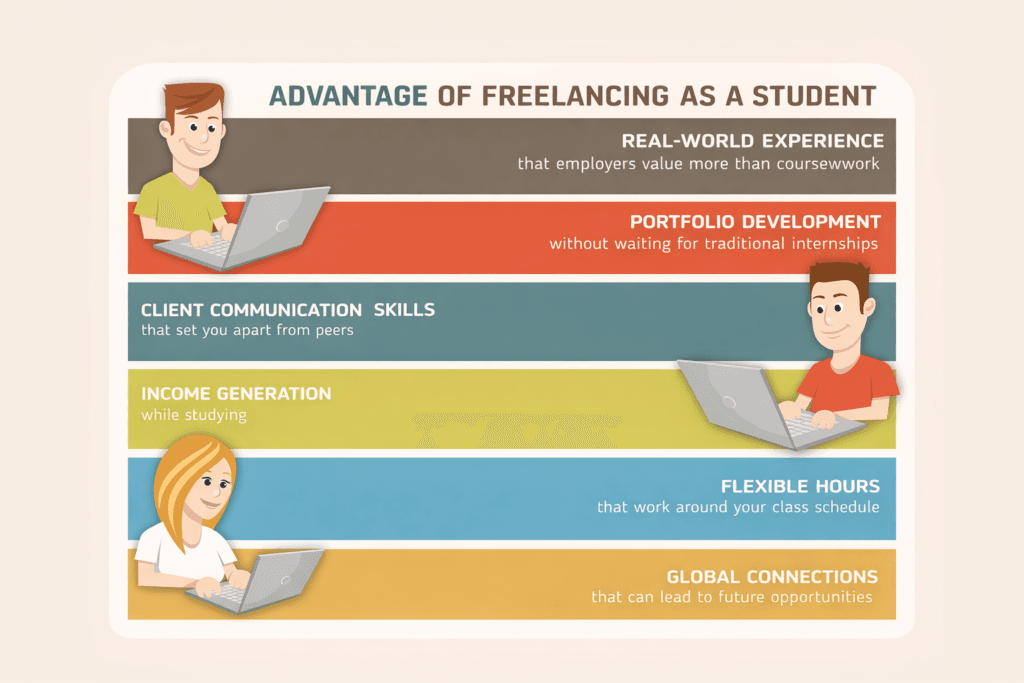 advantage of freelancing as a student infographic showing real world experience portfolio development client communication income flexible hours and global connections