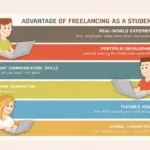 advantage of freelancing as a student infographic showing real world experience portfolio development client communication income flexible hours and global connections
