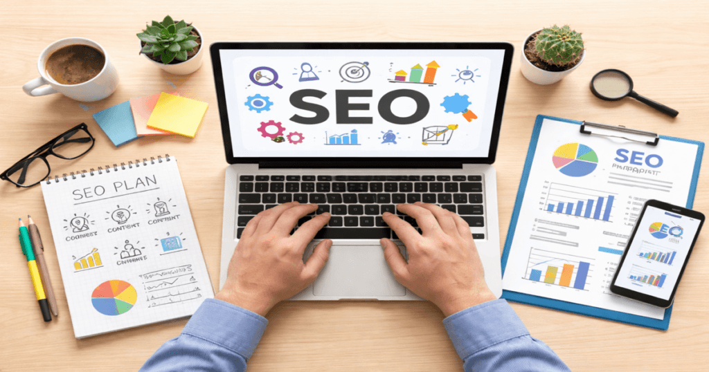 SEO kya hai guide hindi, laptop par SEO analysis aur website optimization workspace