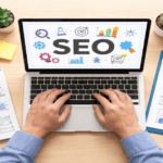 SEO kya hai guide hindi, laptop par SEO analysis aur website optimization workspace