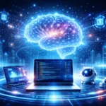 Artificial Intelligence API technology concept with robots and global network