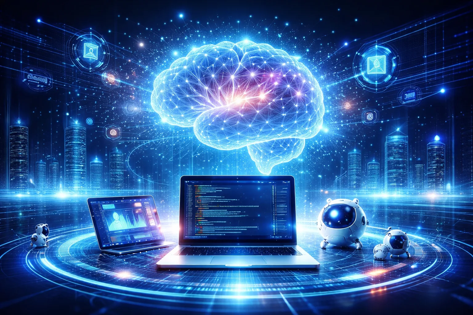 Artificial Intelligence API technology concept with robots and global network