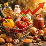 महंगाई का बढ़ता असर दिखाता हुआ किराने की टोकरी और भारतीय रुपये