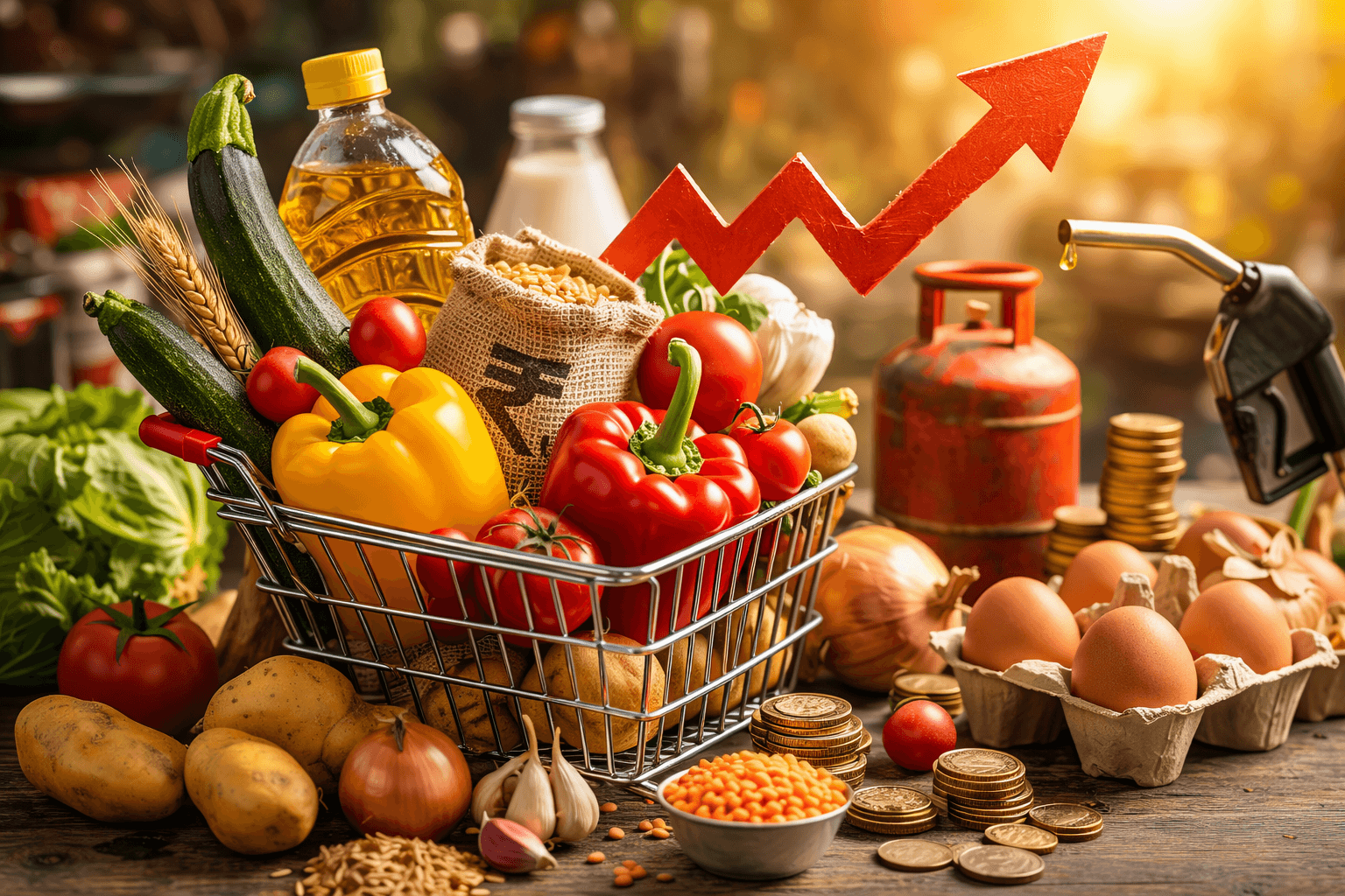 महंगाई का बढ़ता असर दिखाता हुआ किराने की टोकरी और भारतीय रुपये