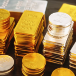 Gold price increase concept with gold bars and coins