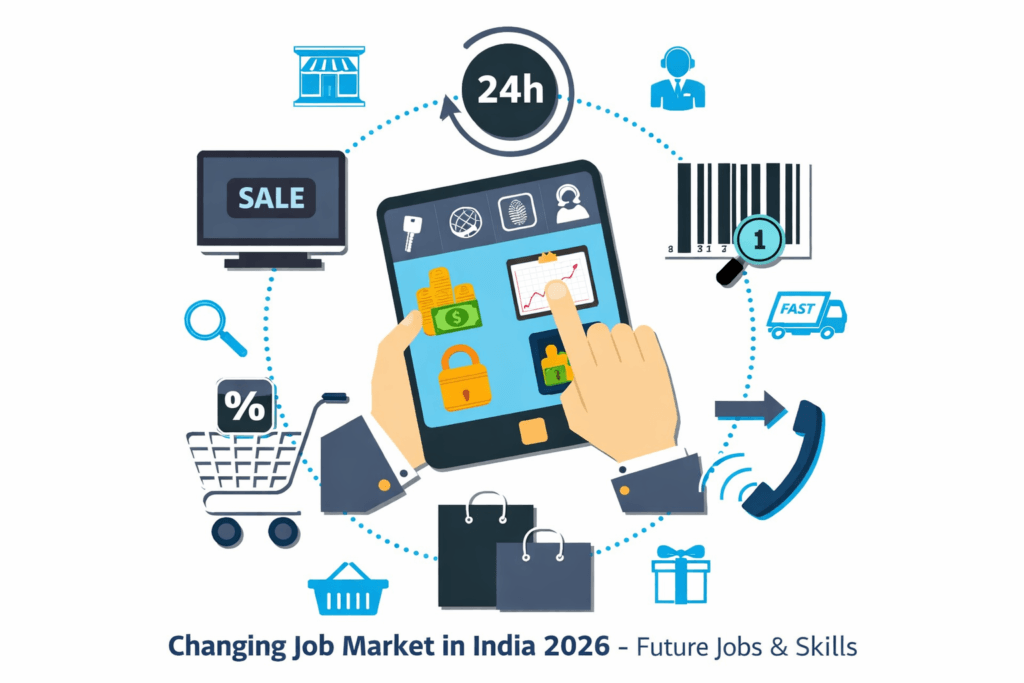 Changing Job Market in India 2026 illustration showing digital work, freelancing and online jobs
