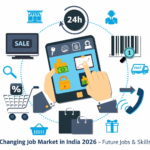 Changing Job Market in India 2026 illustration showing digital work, freelancing and online jobs