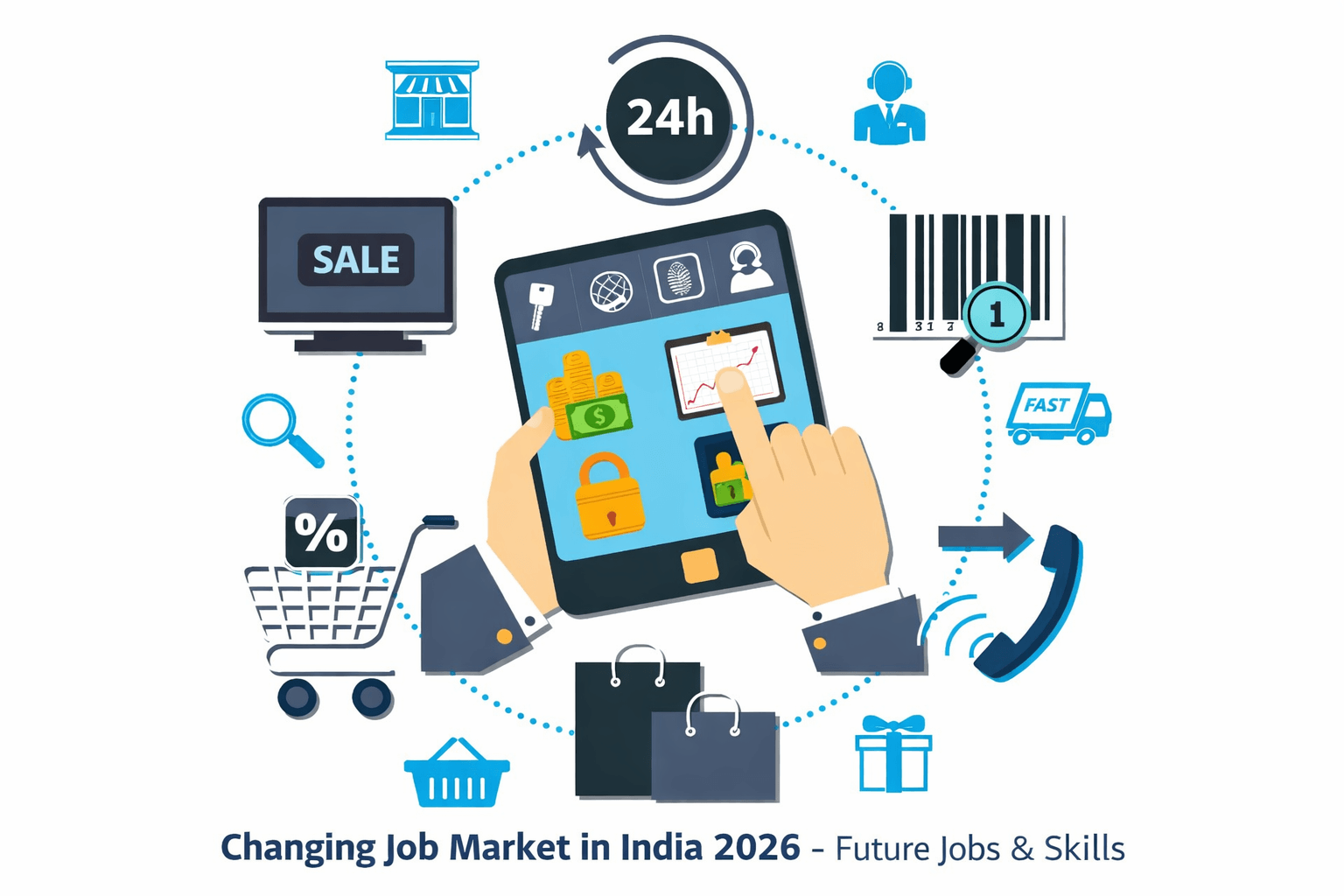 Changing Job Market in India 2026 illustration showing digital work, freelancing and online jobs